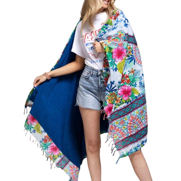 Luxury Flower Print Towel Beach or Bathing Cotton Tassels & Fringe Oversized - Picture 5 of 5